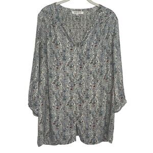 Rose + Olive Smocked Floral Blouse Top Womens 1X 3/4 Sleeve V-Neck Pullover